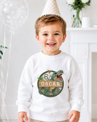 A young boy wearing a birthday hat and a white sweatshirt with a dinosaur graphic is smiling at the camera.