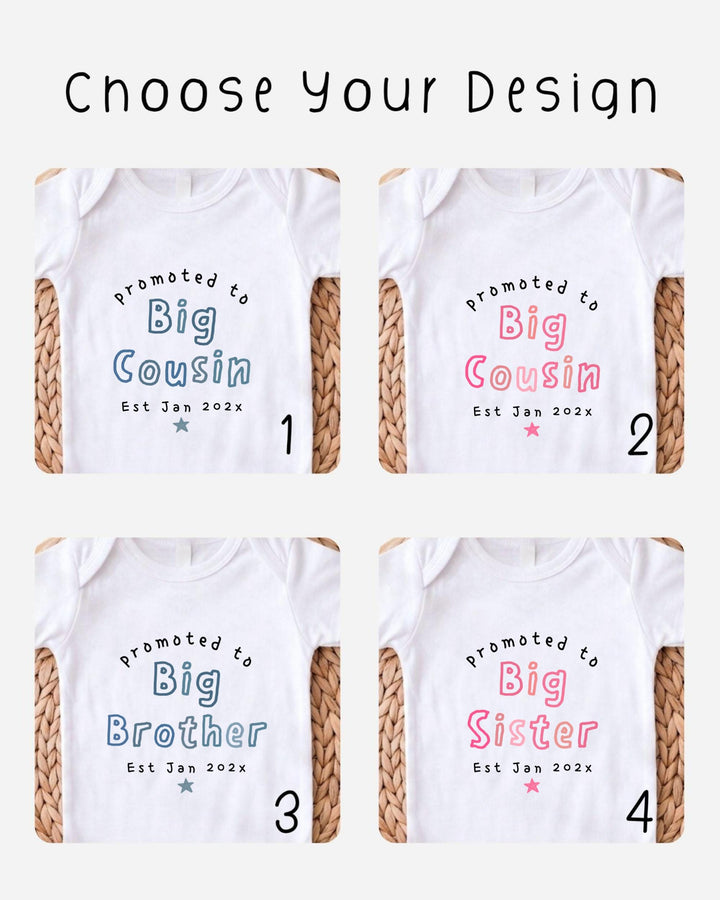 four different designs of baby shirts, each with a unique text and color scheme related to a sibling relationship.