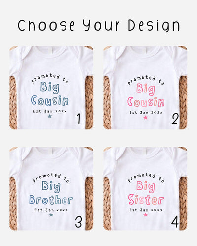four different designs of baby shirts, each with a unique text and color scheme related to a sibling relationship.