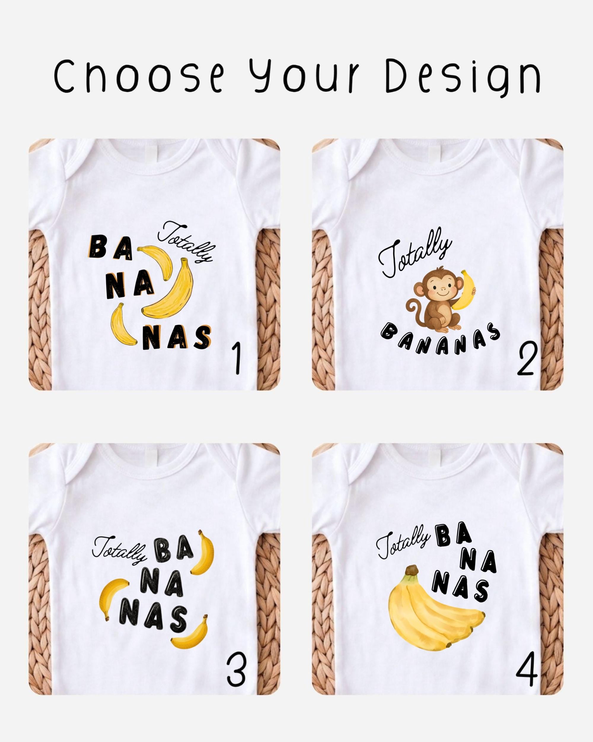 four different white t-shirts with various banana designs and text printed on them.