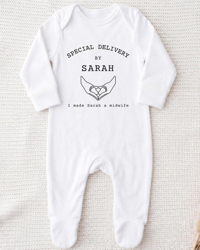 A white bodysuit with text and a graphic design on it.