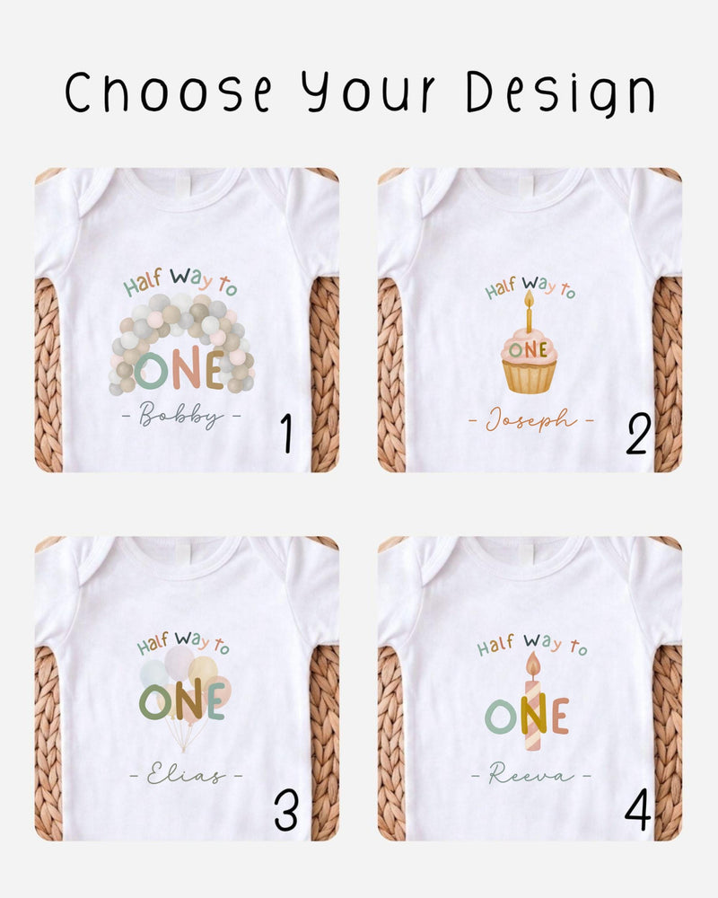 four different designs for baby shirts, each with a unique theme related to a birthday celebration.