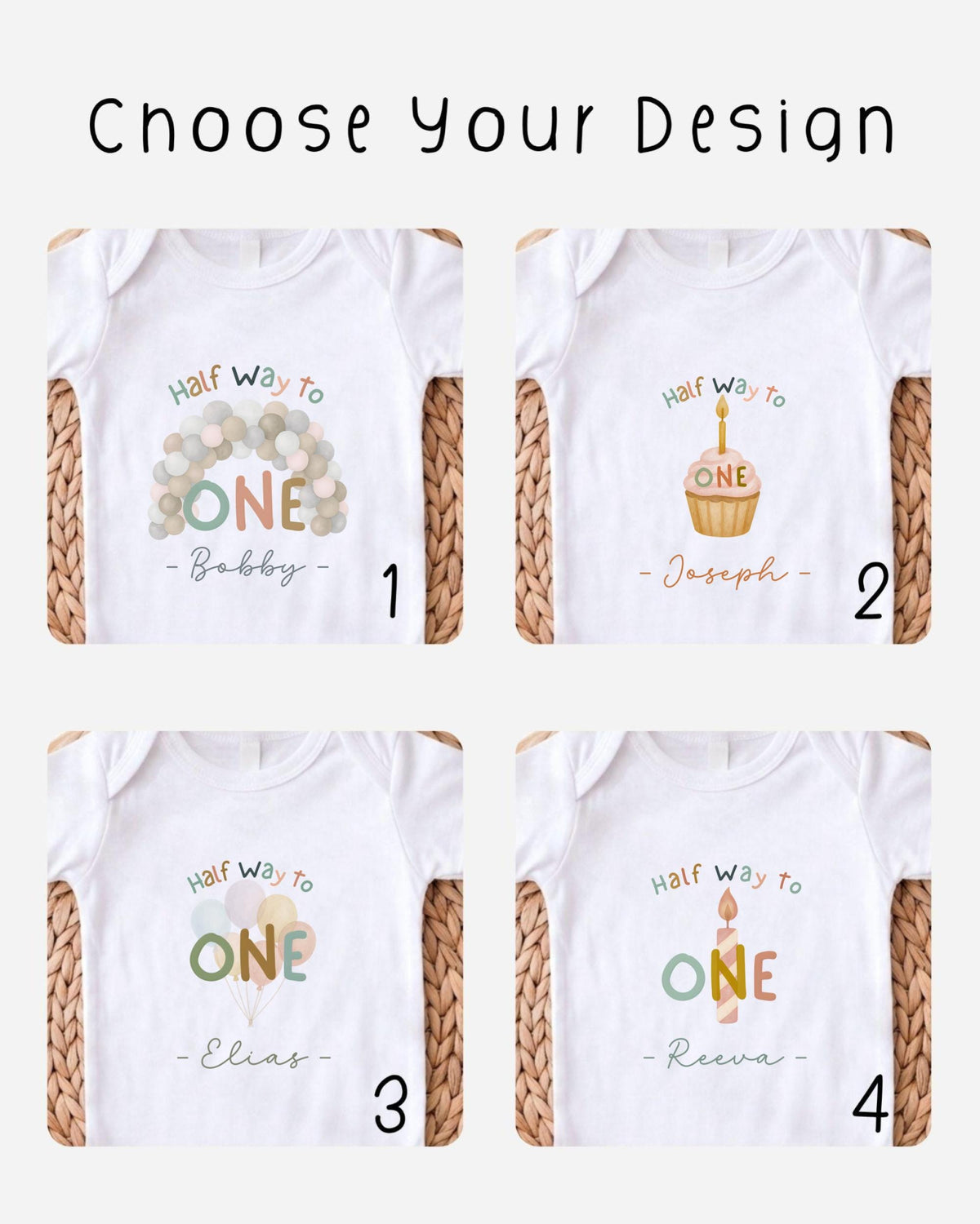 four different designs for baby shirts, each with a unique theme related to a birthday celebration.