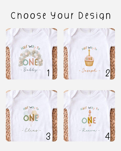 four different designs for baby shirts, each with a unique theme related to a birthday celebration.