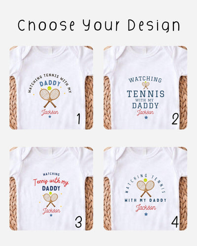 four different white t-shirts with tennis-themed designs, each featuring a unique message or phrase related to tennis and the wearer's relationship with their father.