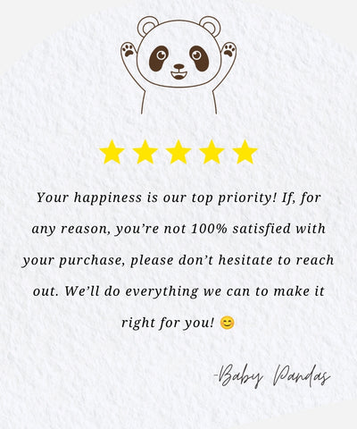 Baby Pandas 100% satisfaction guarantee with a smiling panda and five stars.