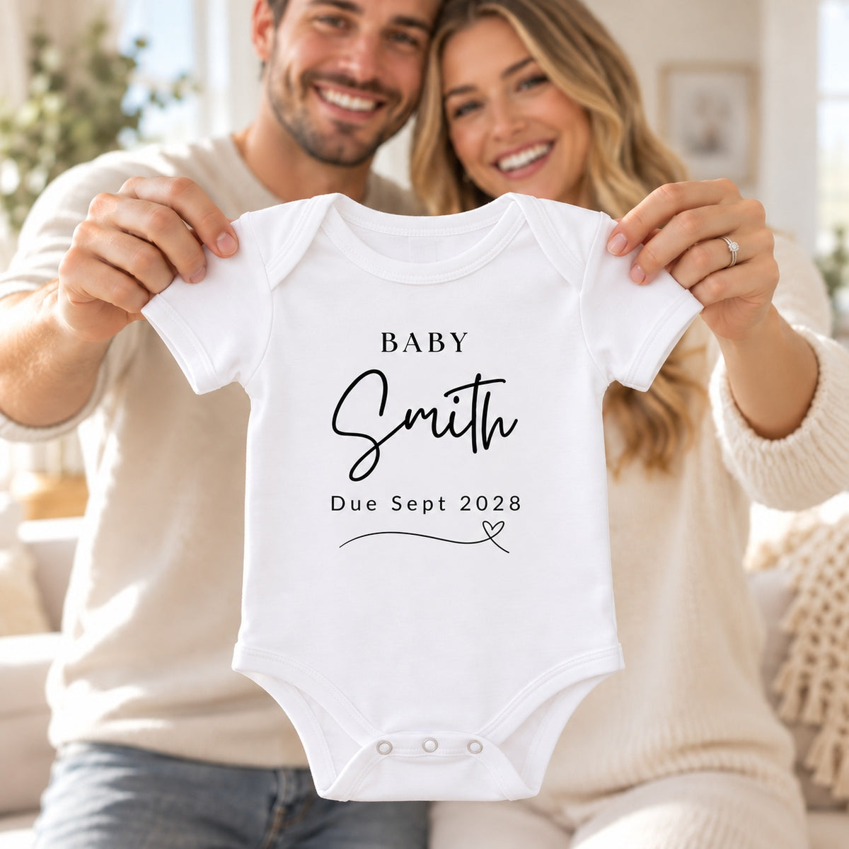 Smiling couple holding a white Baby Vest printed with BABY Smith, Due Sept 2028 and a heart flourish towards the camera in a bright neutral living room.