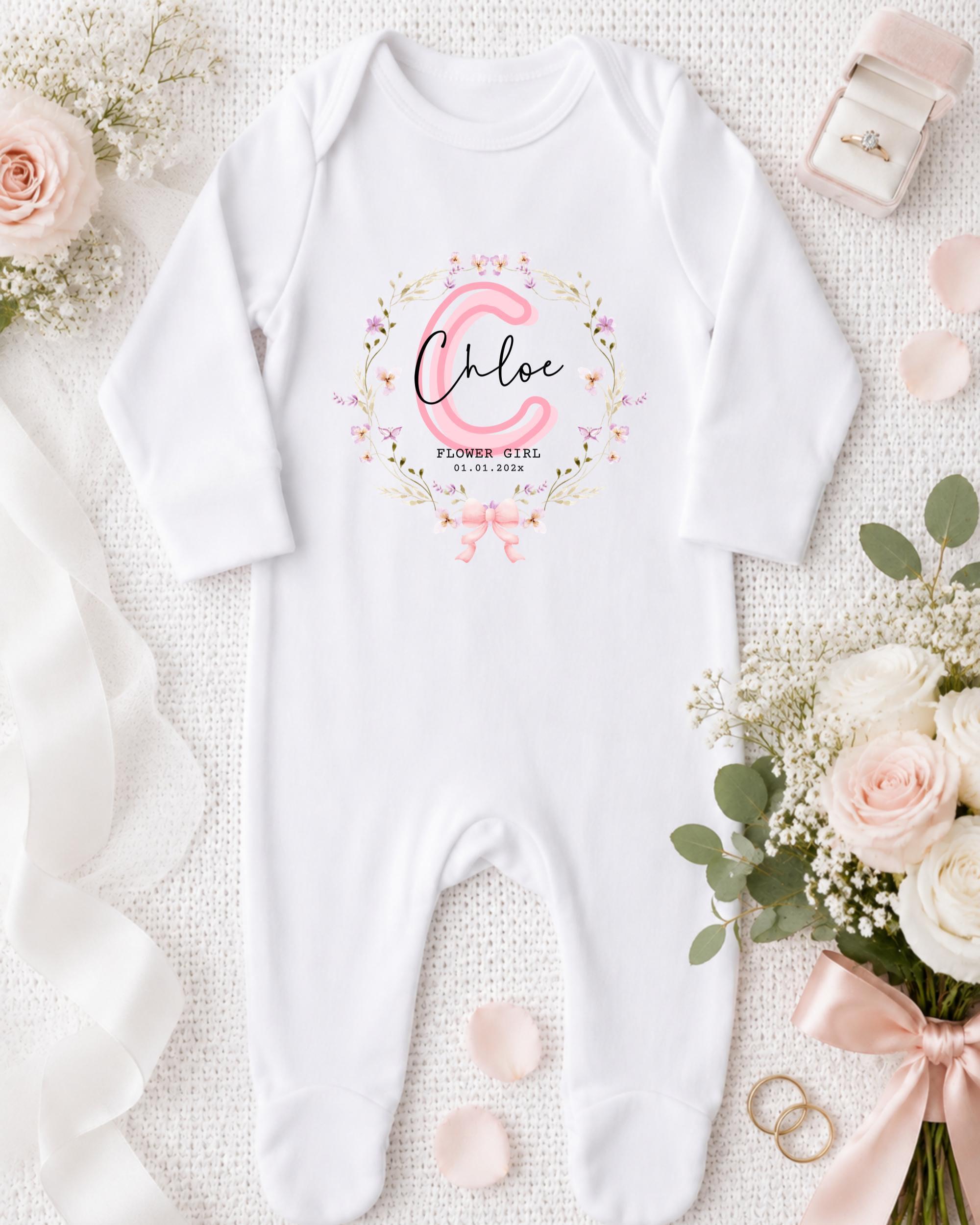 A white onesie with a floral design and the name " Chloe" printed on it, along with a pink ribbon and a bouquet of white flowers.