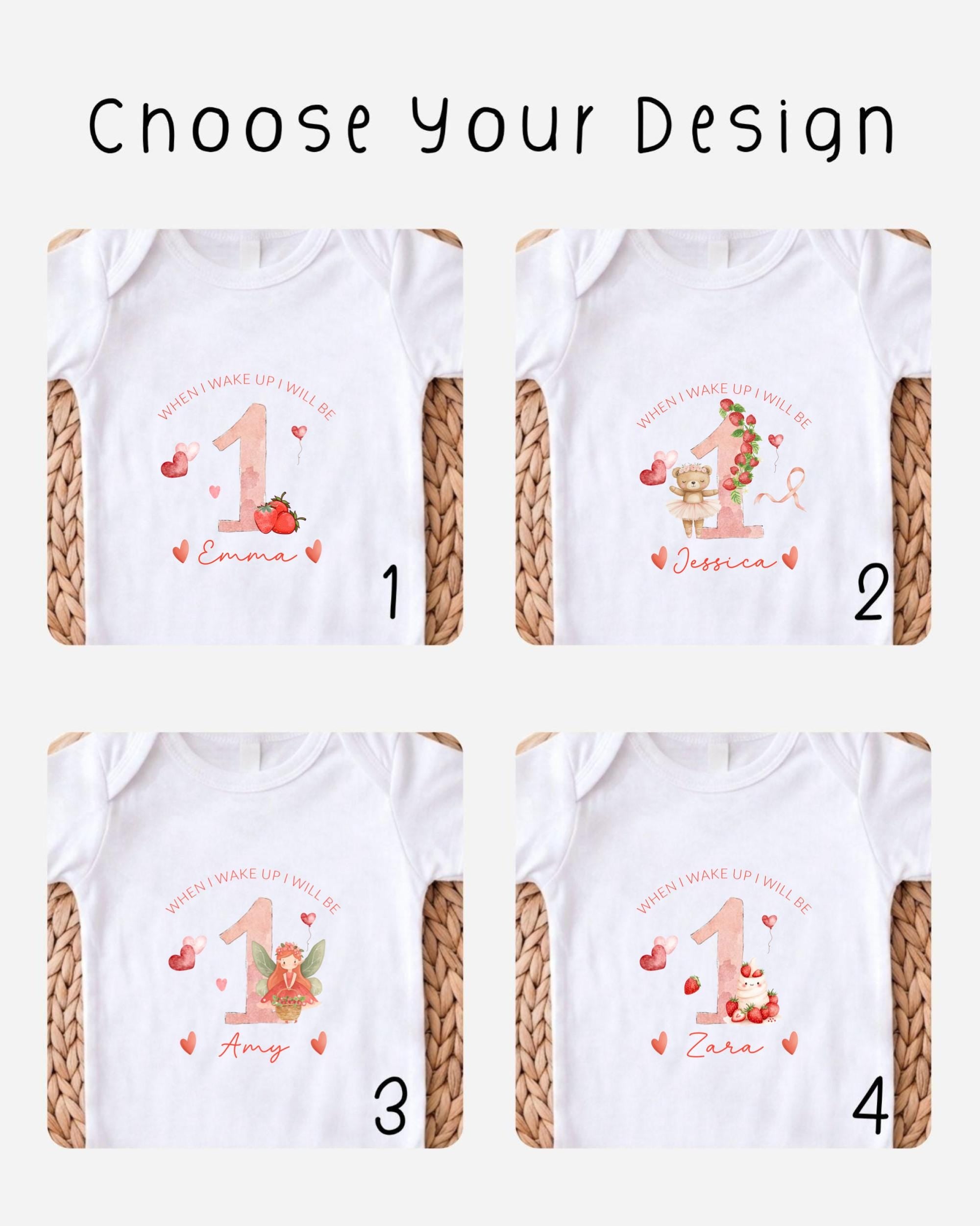 four different white t-shirts with personalized designs for a first birthday celebration. Each t-shirt features a unique design, including a number one, a heart, and a character. The designs are intended to represent the individual's name, age, and the theme of the first birthday party.