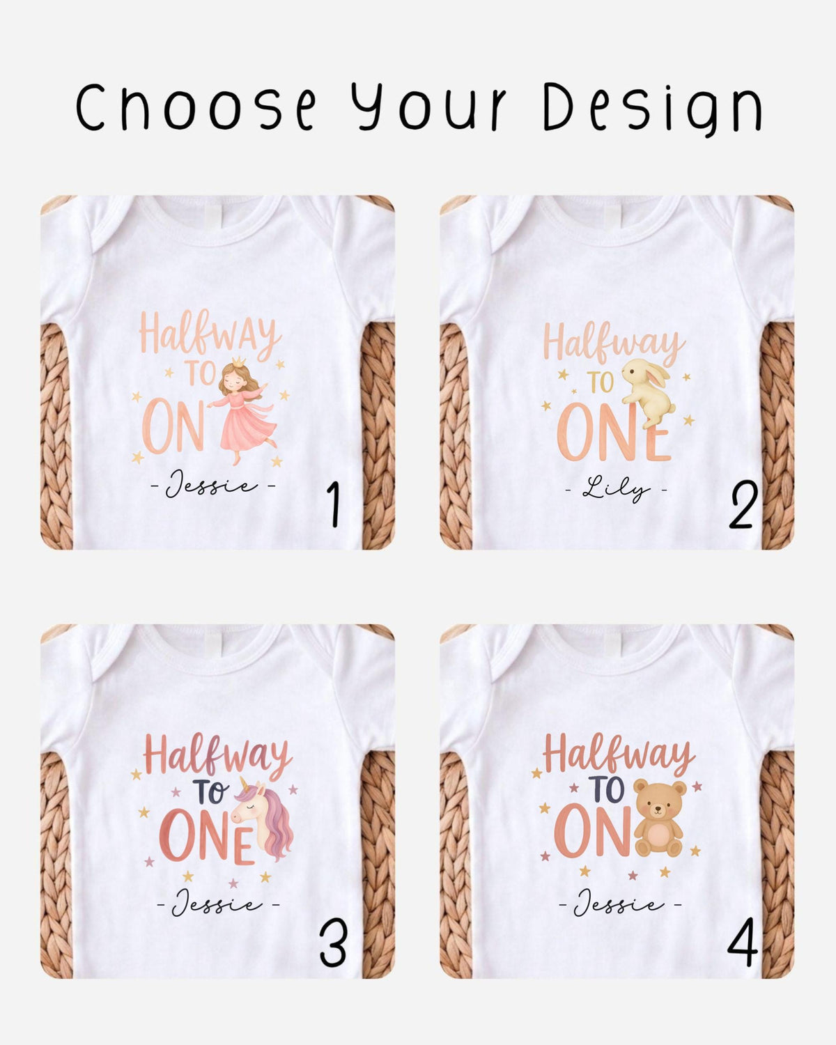 four different white t-shirts with the same design, each featuring a cartoon character and the text "Halfway to One" along with the name "Lilly" below the character.