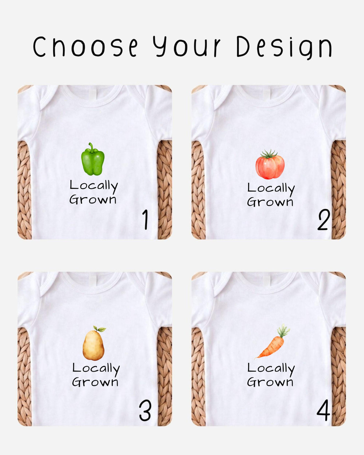 four white t-shirts with different vegetable designs printed on them, along with the text "Locally Grown" printed below each design.