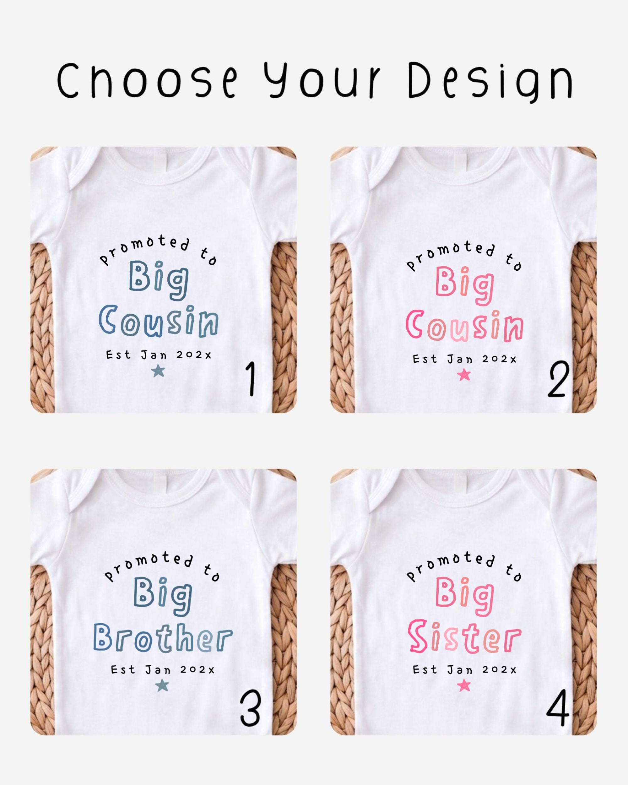 four different designs of baby shirts, each with a unique text and color scheme related to a sibling relationship.