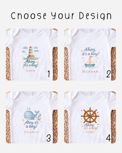 four different baby boys' t-shirts with various designs and text related to the theme of a baby boy.