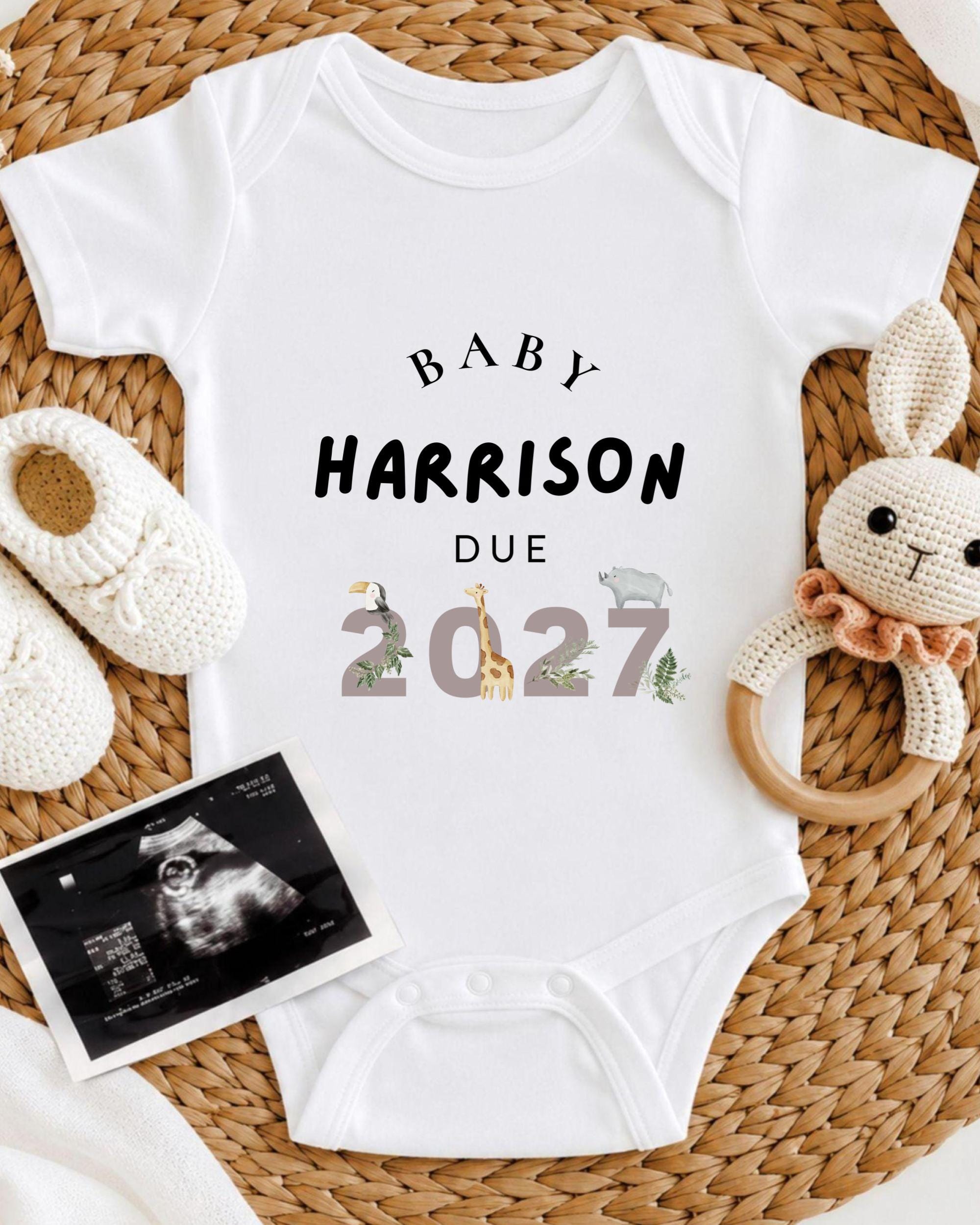 A white baby onesie with the text "BABY HARRISON DUE 2027" printed on it, along with a crocheted rabbit toy and a baby shoe.