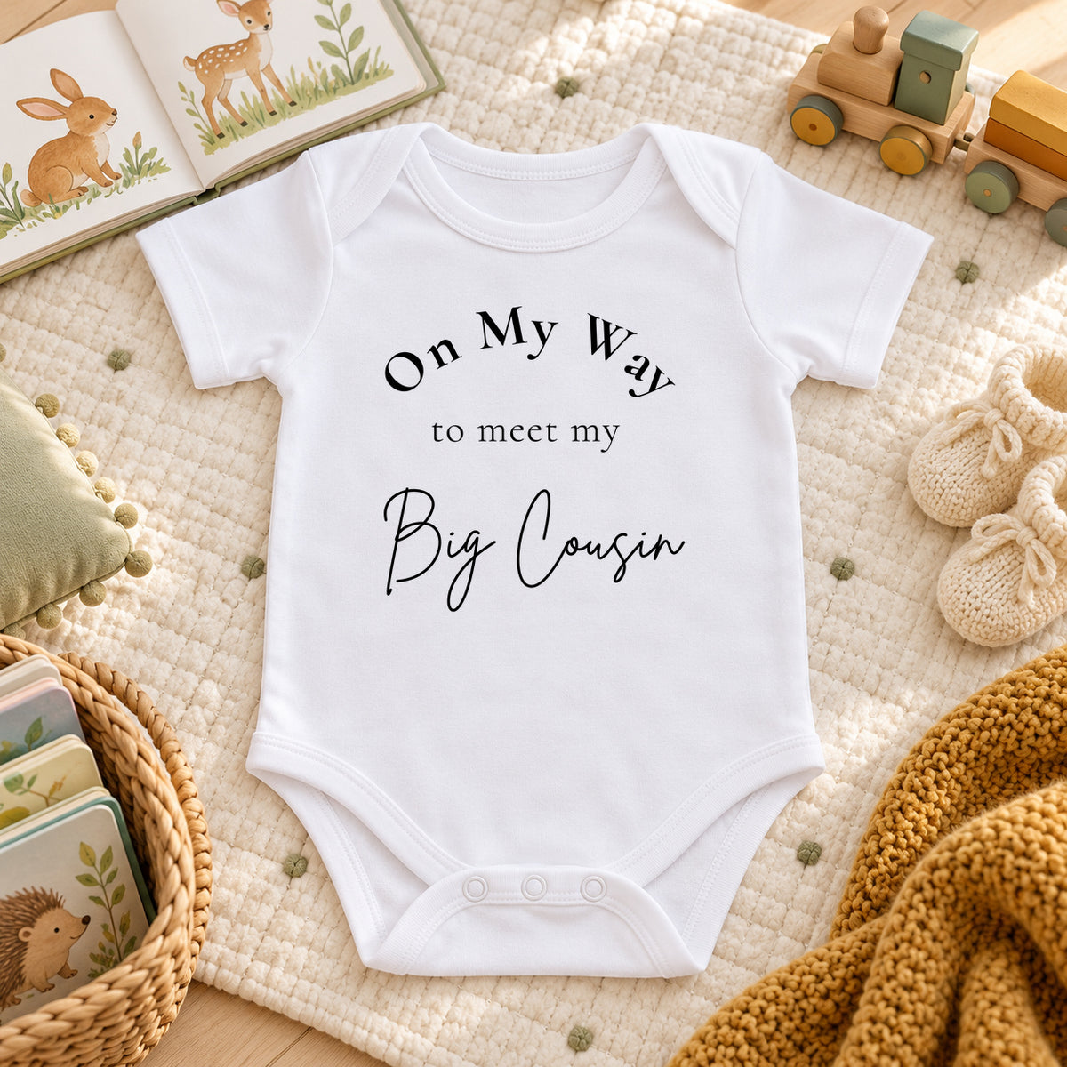 White On My Way to meet my Big Cousin Baby Vest on an ivory quilt beside an animal picture book, wooden train, cream booties and ochre blanket.