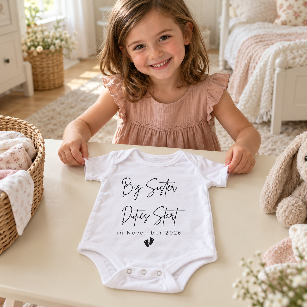 Smiling girl beginning to fold a white Baby Vest reading Big Sister Duties Start in November 2026, with tiny footprints, at a cream nursery table.
