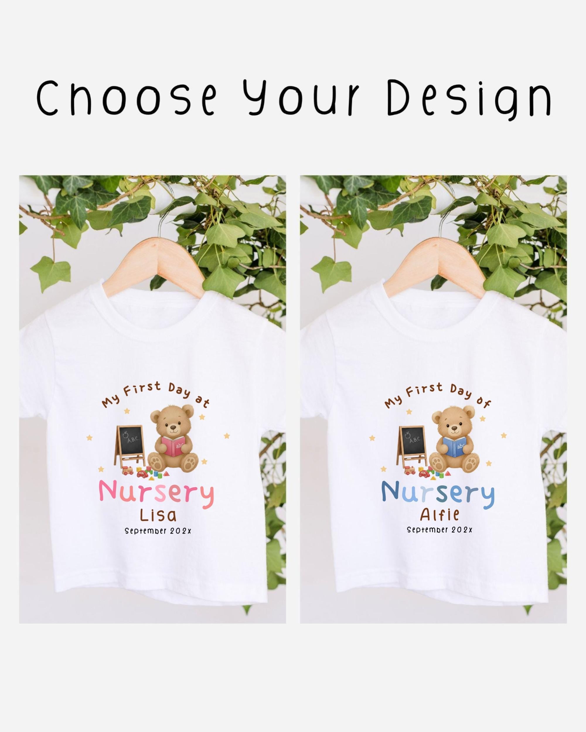 two white t-shirts with a teddy bear and nursery-related text, hanging on a wooden hanger. The text on the t-shirts reads "My first day at Nursery Lisa" and "My first day of Nursery Ailie Lisa September 2012".