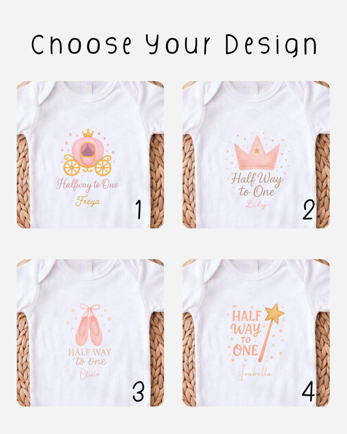 four different white t-shirts with various designs and text, including a princess-themed design, a half-way to one design, and a half-way to one design with a princess crown.