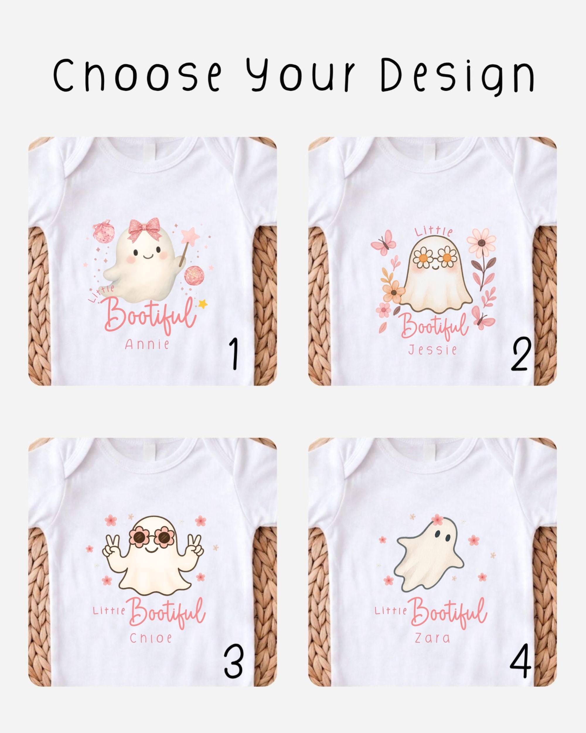 four different t-shirt designs featuring cartoon ghost characters with the names "Little Bootful" and "Zara" printed on them.