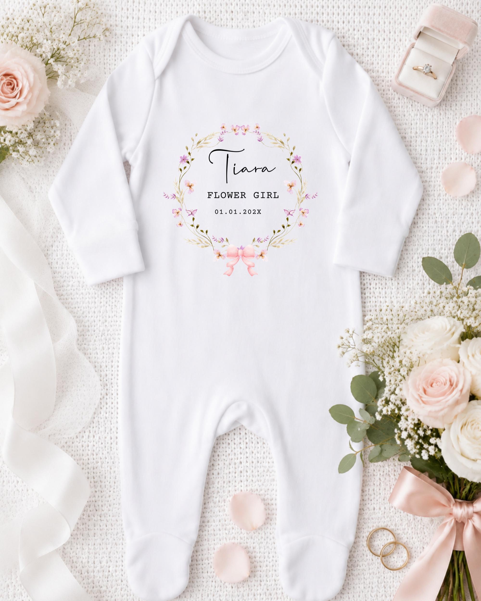 A white onesie with a floral design and the text "Tiana Flower Girl 01.05.2023" printed on it, along with a pink ribbon, a ring box, and a bouquet of white and pink flowers.