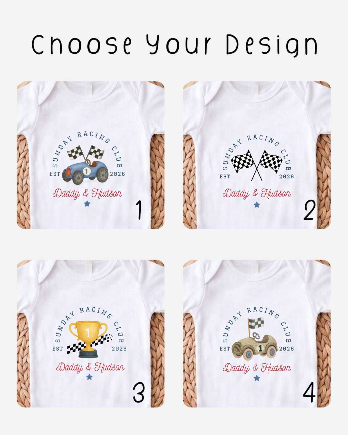 four different t-shirt designs featuring the "Sunday Racing Club" logo and a racing car.