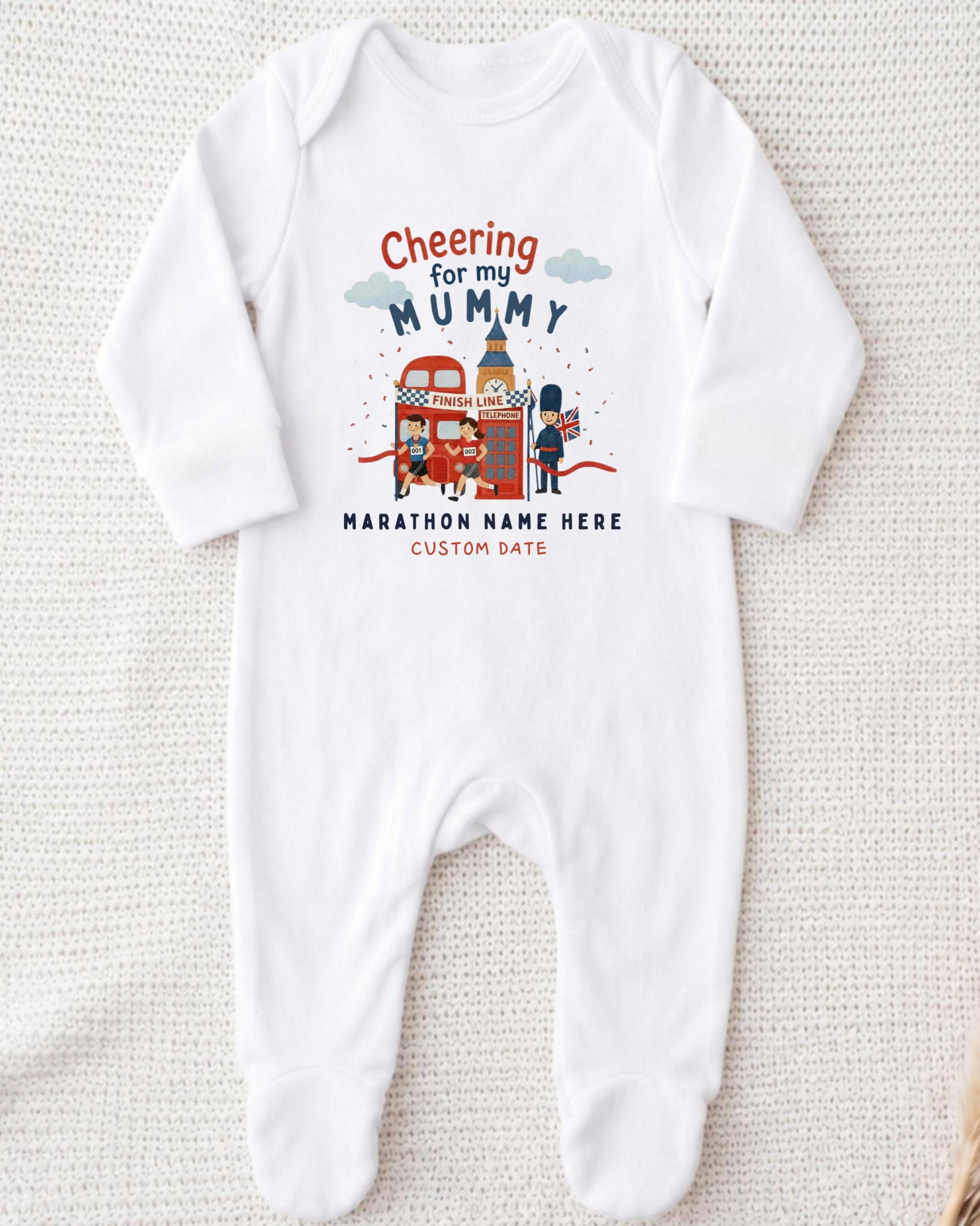 A white onesie with a graphic design on it, featuring a character and text related to a marathon.