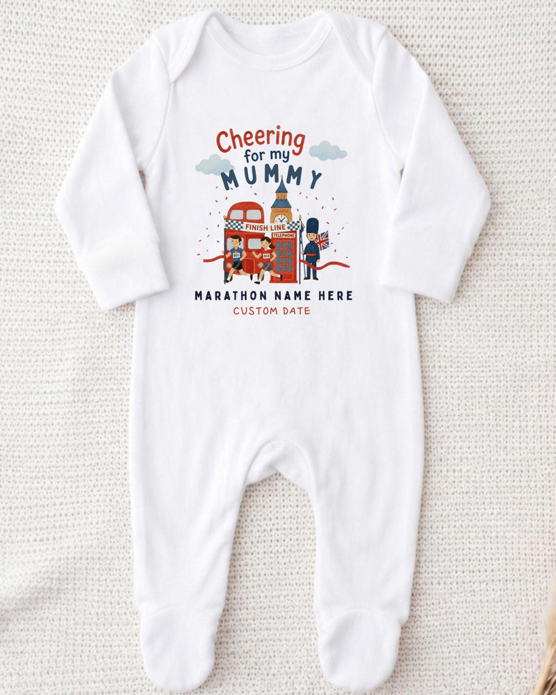 A white onesie with a graphic design on it, featuring a character and text related to a marathon.