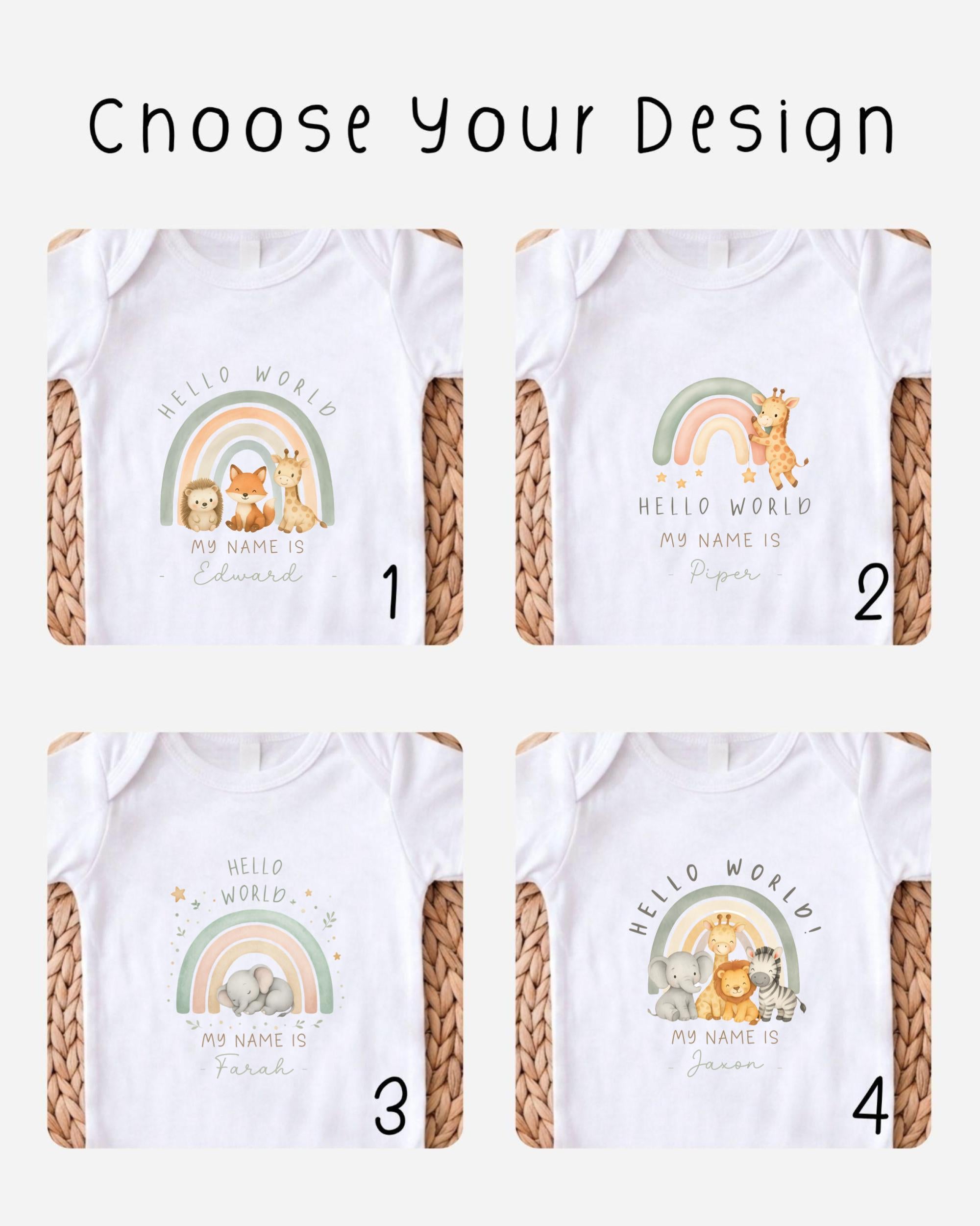 four different baby t-shirt designs with the text "Hello World" and the names "Faroah" and "Jason" printed on them.