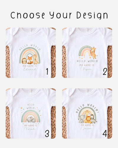 four different baby t-shirt designs with the text "Hello World" and the names "Faroah" and "Jason" printed on them.