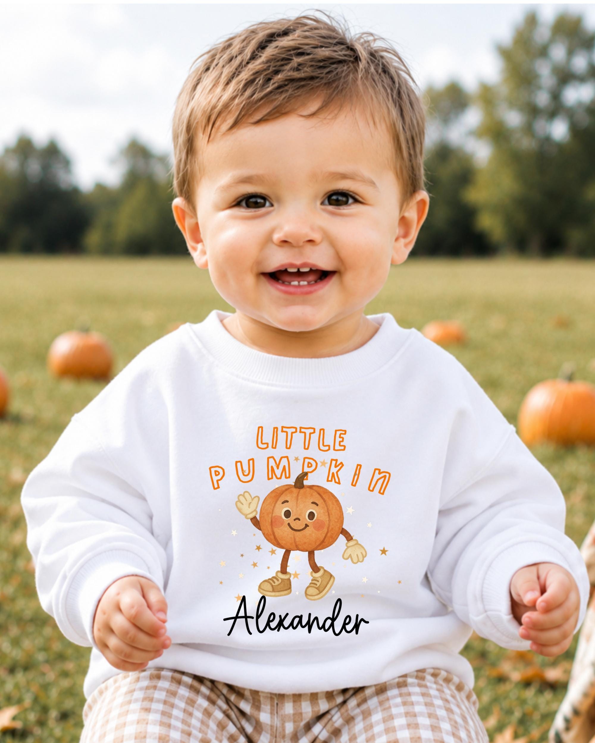 A smiling baby boy wearing a white sweatshirt with a pumpkin graphic and the name "Alexander" printed on it, sitting in a field with pumpkins in the background.