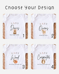 four baby t-shirts with personalized text and illustrations, each representing a different baby's name and arrival date.