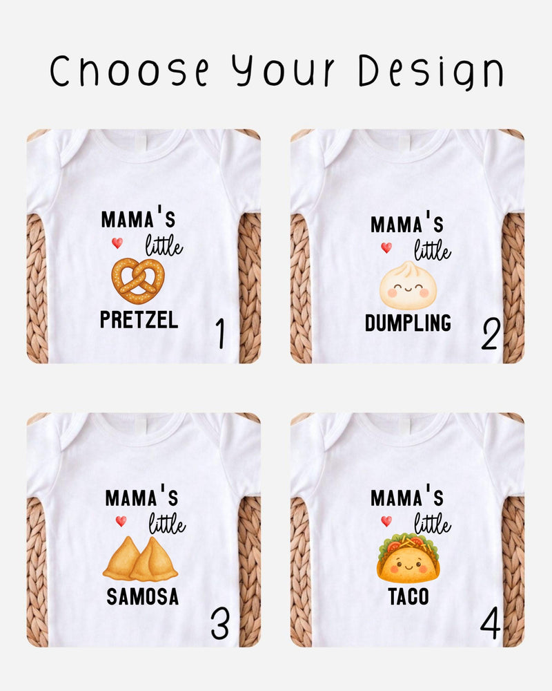 four different baby onesies with the text "Mama's little" and various food items printed on them, such as pretzels, dumplings, samosas, and tacos.