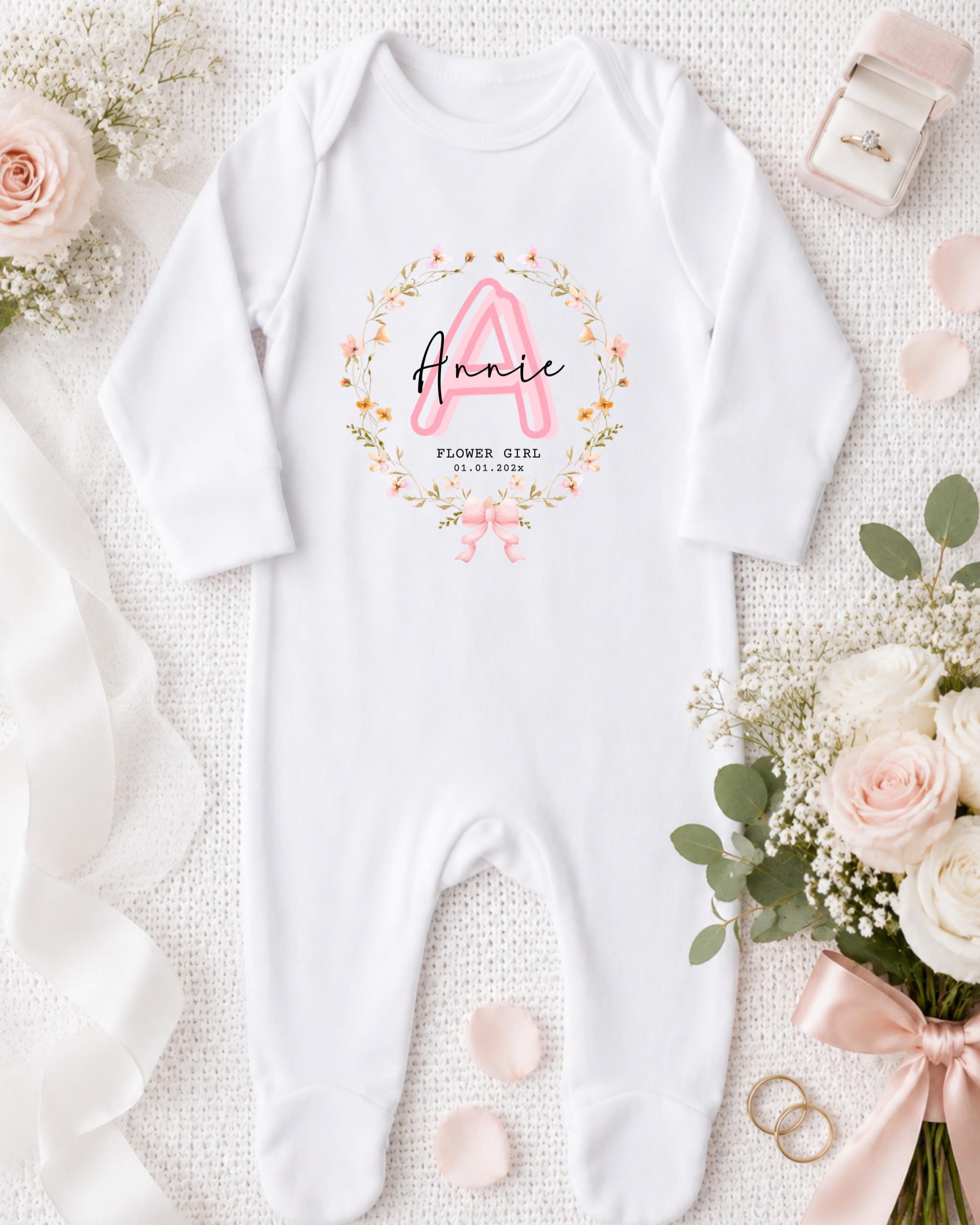 A white onesie with a pink floral design and the name "Annie" printed on it, along with a pink ribbon and a bouquet of white flowers.