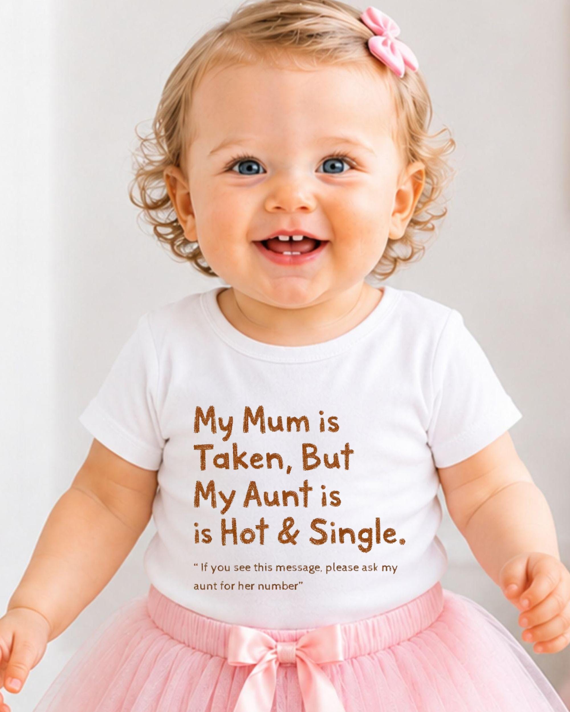 A smiling baby girl wearing a white t-shirt with text and a pink bow in her hair.