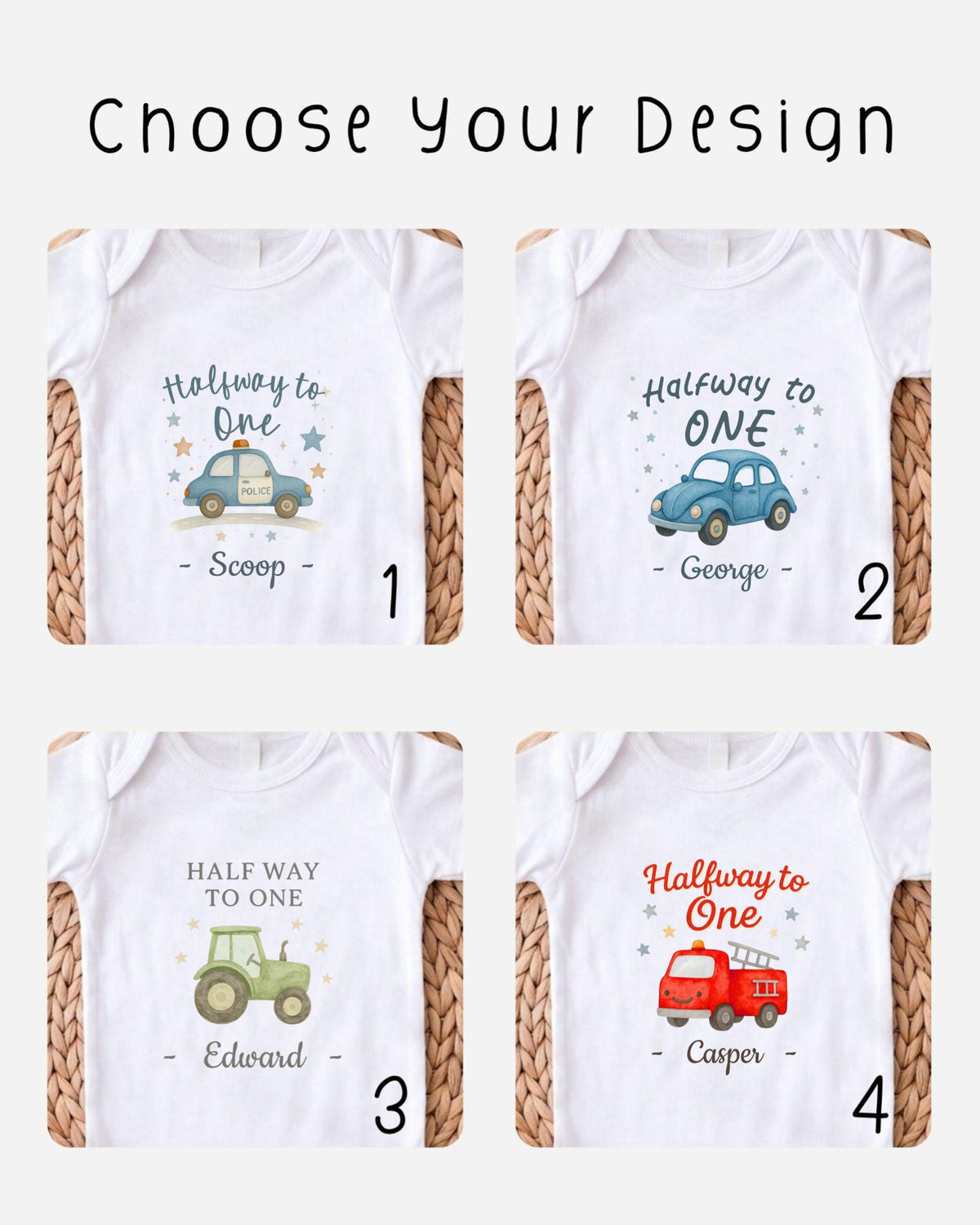 four different t-shirt designs, each featuring a unique car or vehicle, with the text "Halfway to One" and "Edward" printed on them.