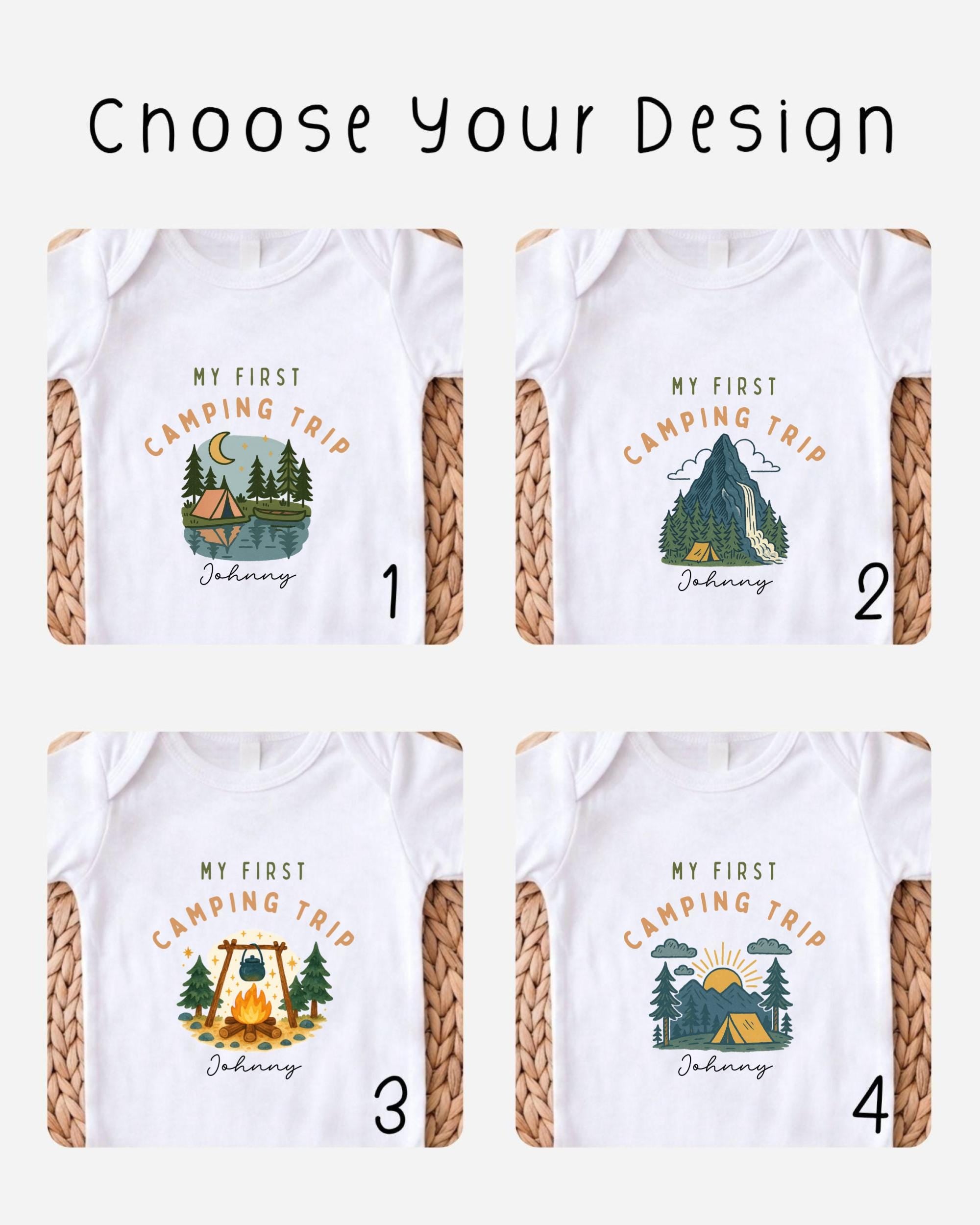 four different t-shirt designs featuring the phrase "My first camping trip" and illustrations of camping scenes.