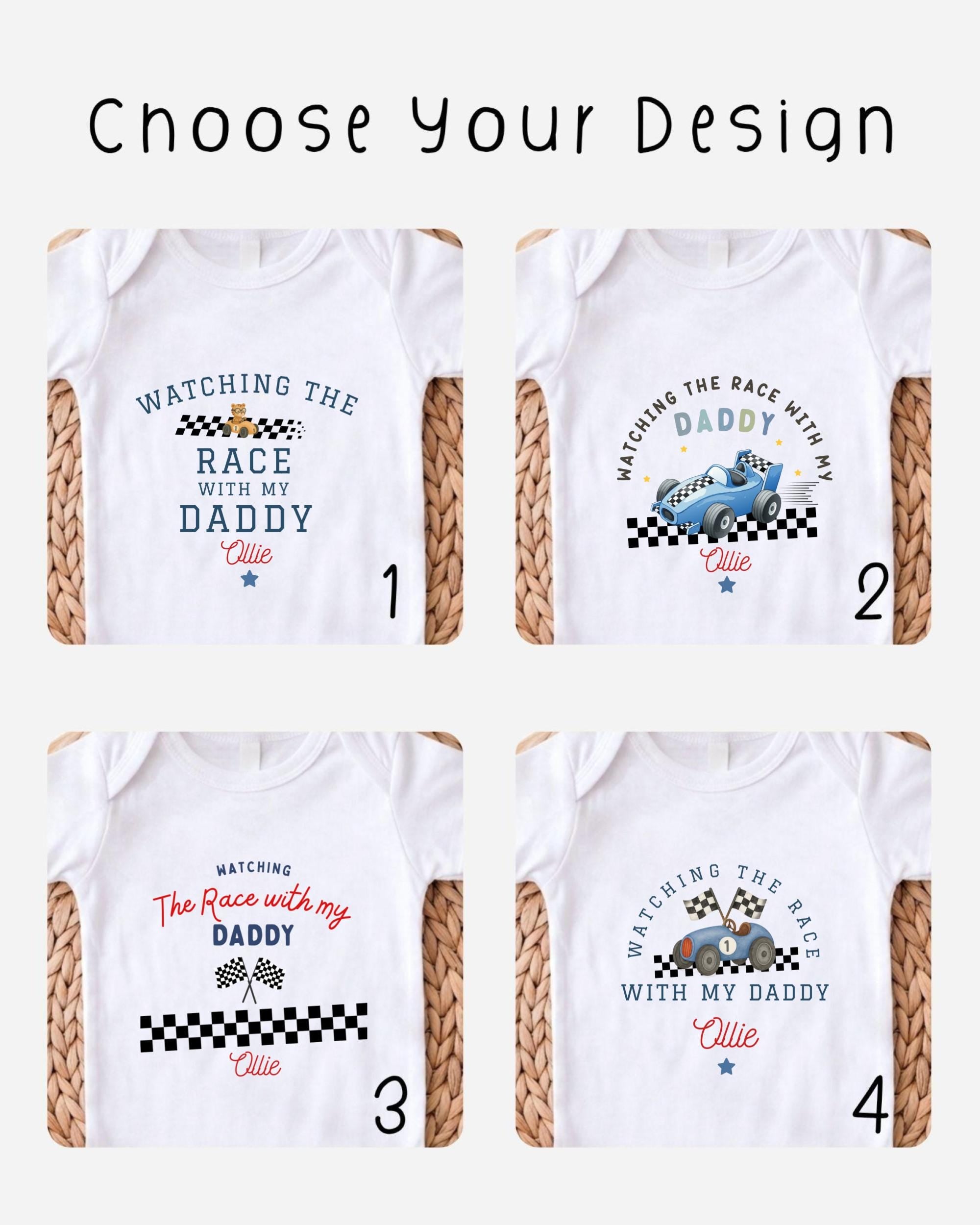 four different white t-shirts with various designs and text related to racing and a father-daughter theme.