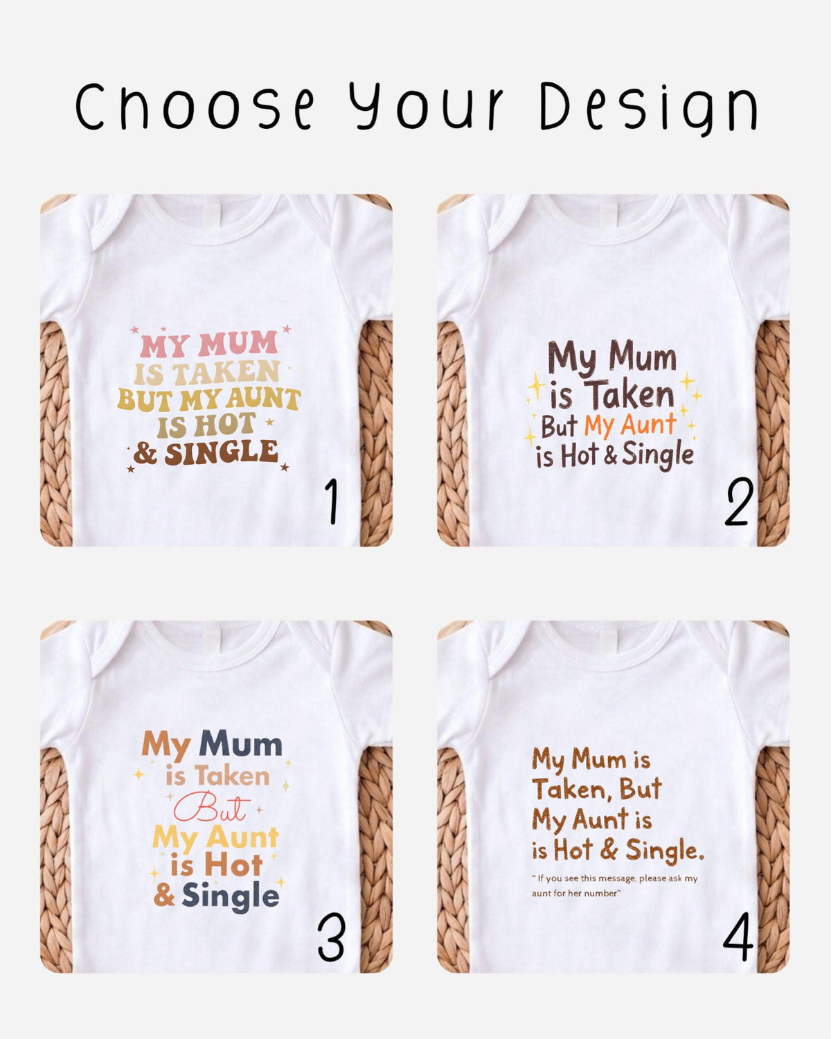 four different t-shirt designs with humorous text related to the concept of a "mum" or "aunt".