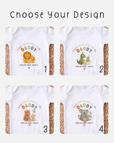 four different t-shirt designs featuring a cartoon image of a baby and the text "Happy 1st Birthday as my Daddy" along with the names "Lots of Love. Josh X" and "Lots of Love. Josh Y" printed on them.