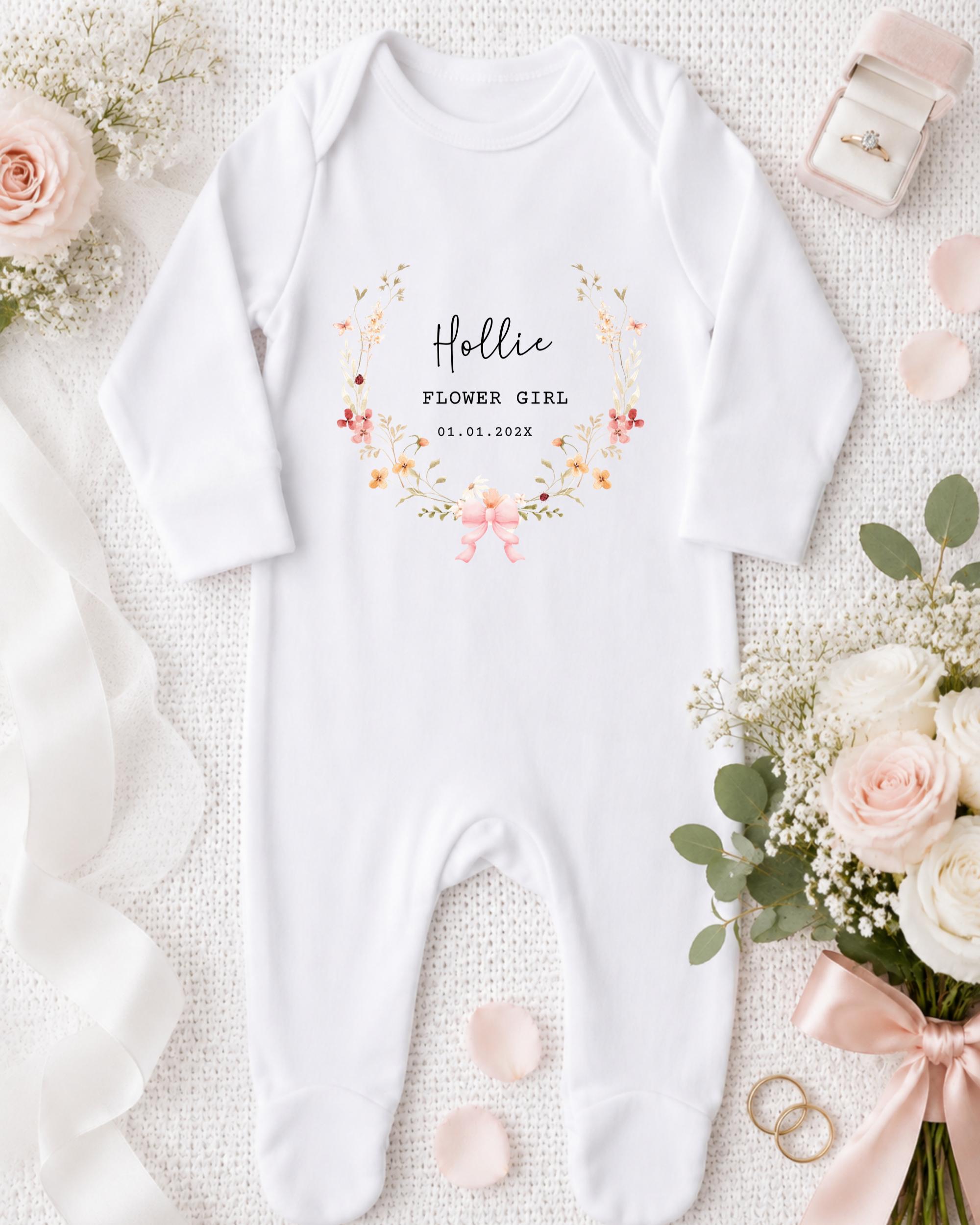 A white onesie with a floral design and text, along with a pink ribbon, a ring box, and a bouquet of white flowers, all arranged on a white background.