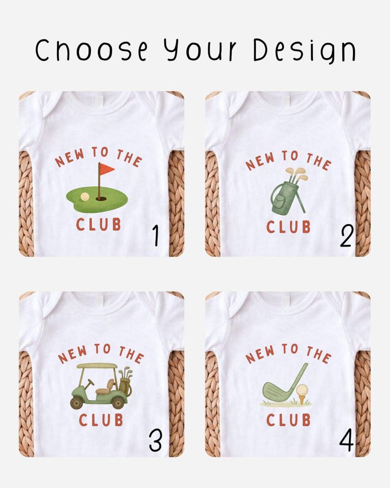 four different t-shirt designs with the text "NEW TO THE CLUB" printed on them.