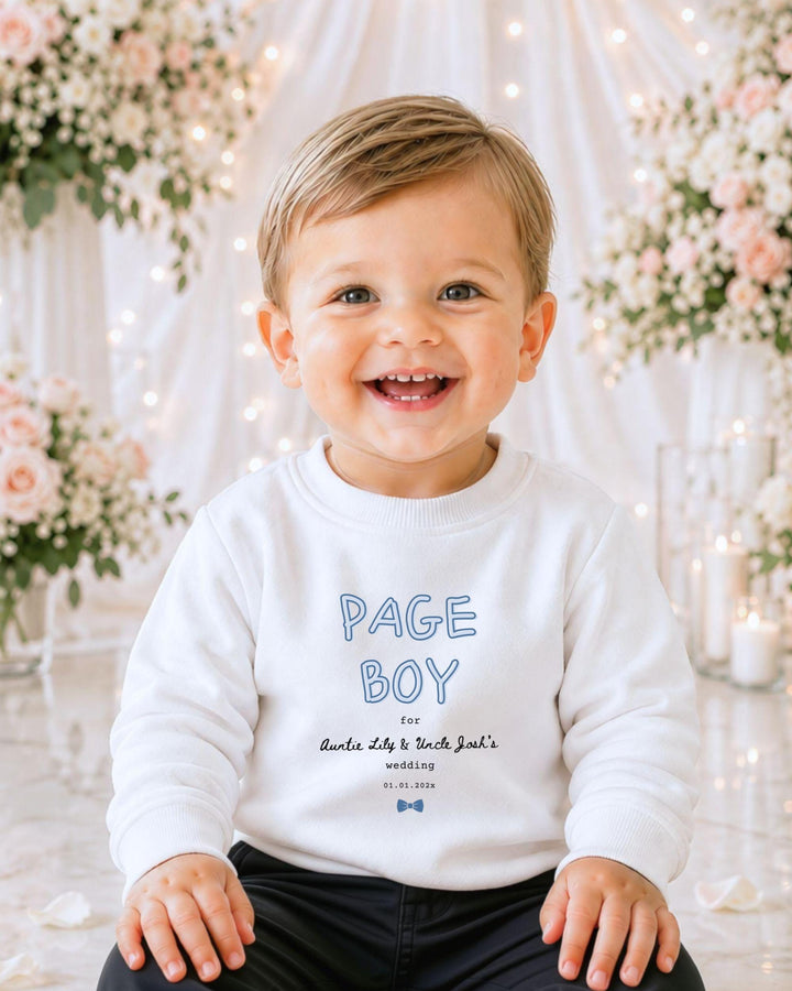 A smiling baby boy wearing a white sweater with the text "PAGE BOY" and "for Aunt Lily & Uncle Josh's wedding day" printed on it.