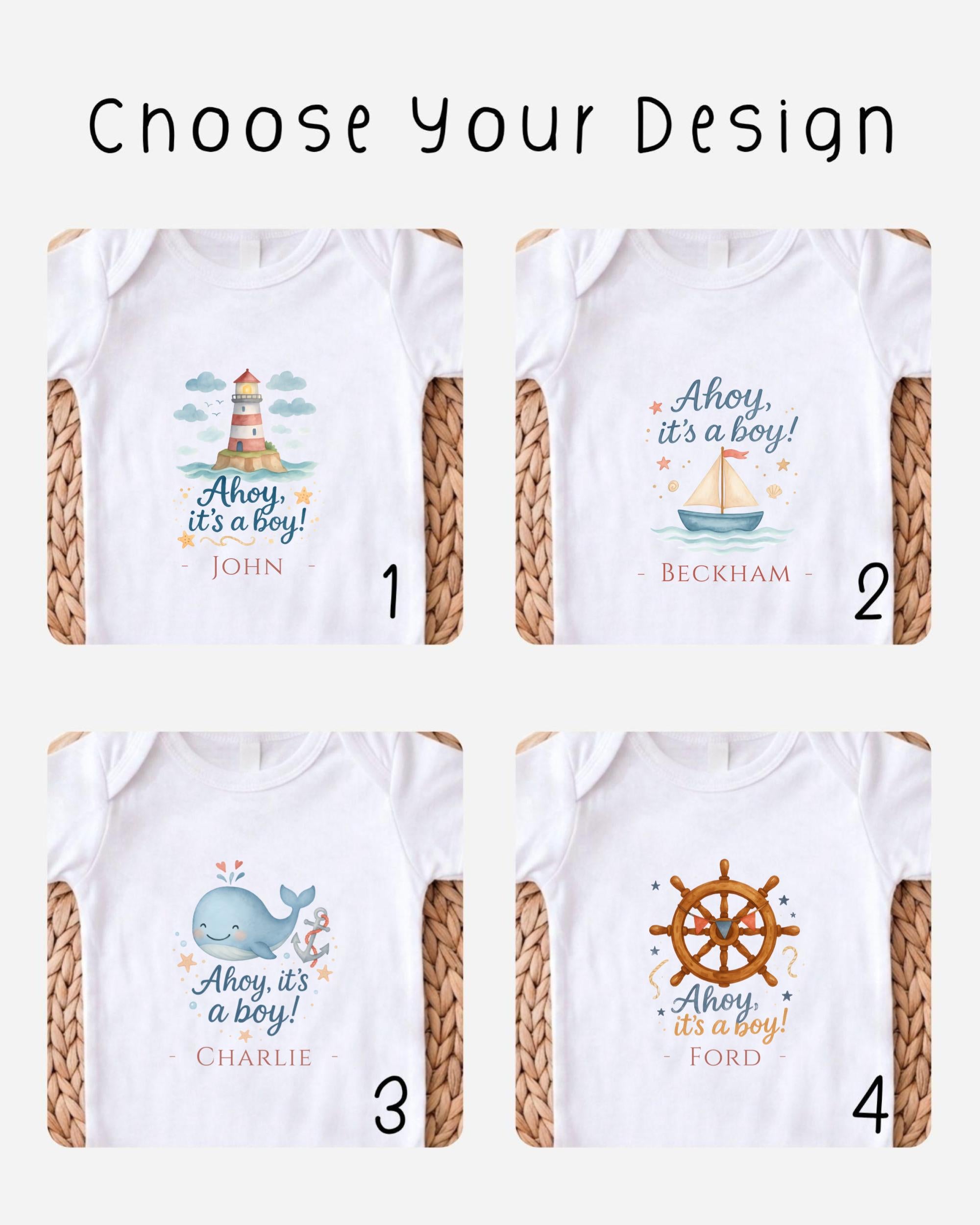 four different baby boys' t-shirts with various designs and text related to the theme of a baby boy.
