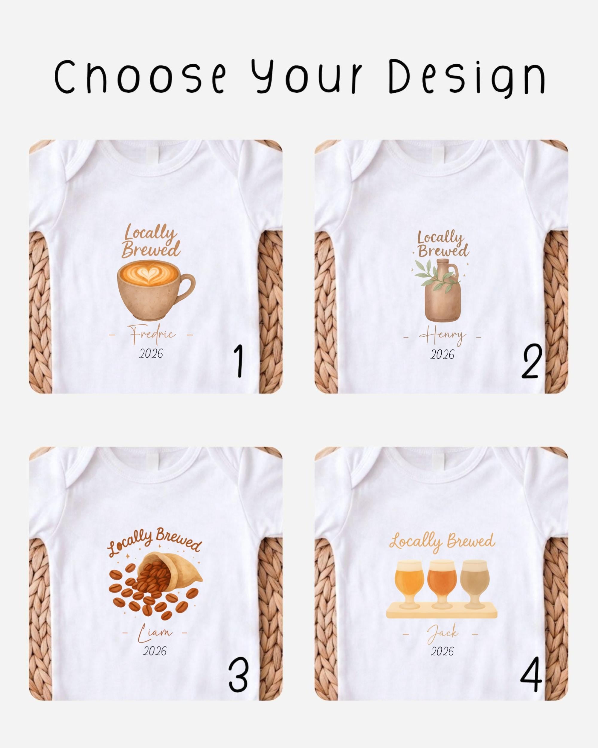 four different baby onesies with the text "Locally Brewed" and "Liam" printed on them.