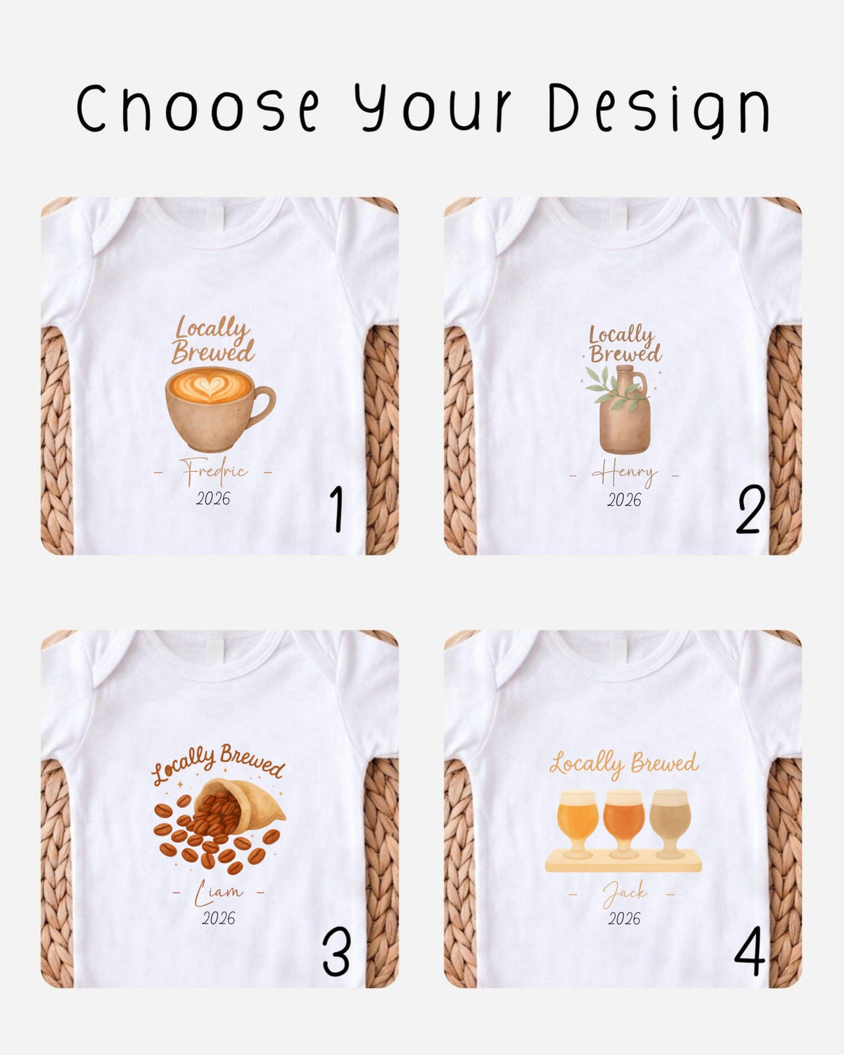 four different baby onesies with the text "Locally Brewed" and "Liam" printed on them.