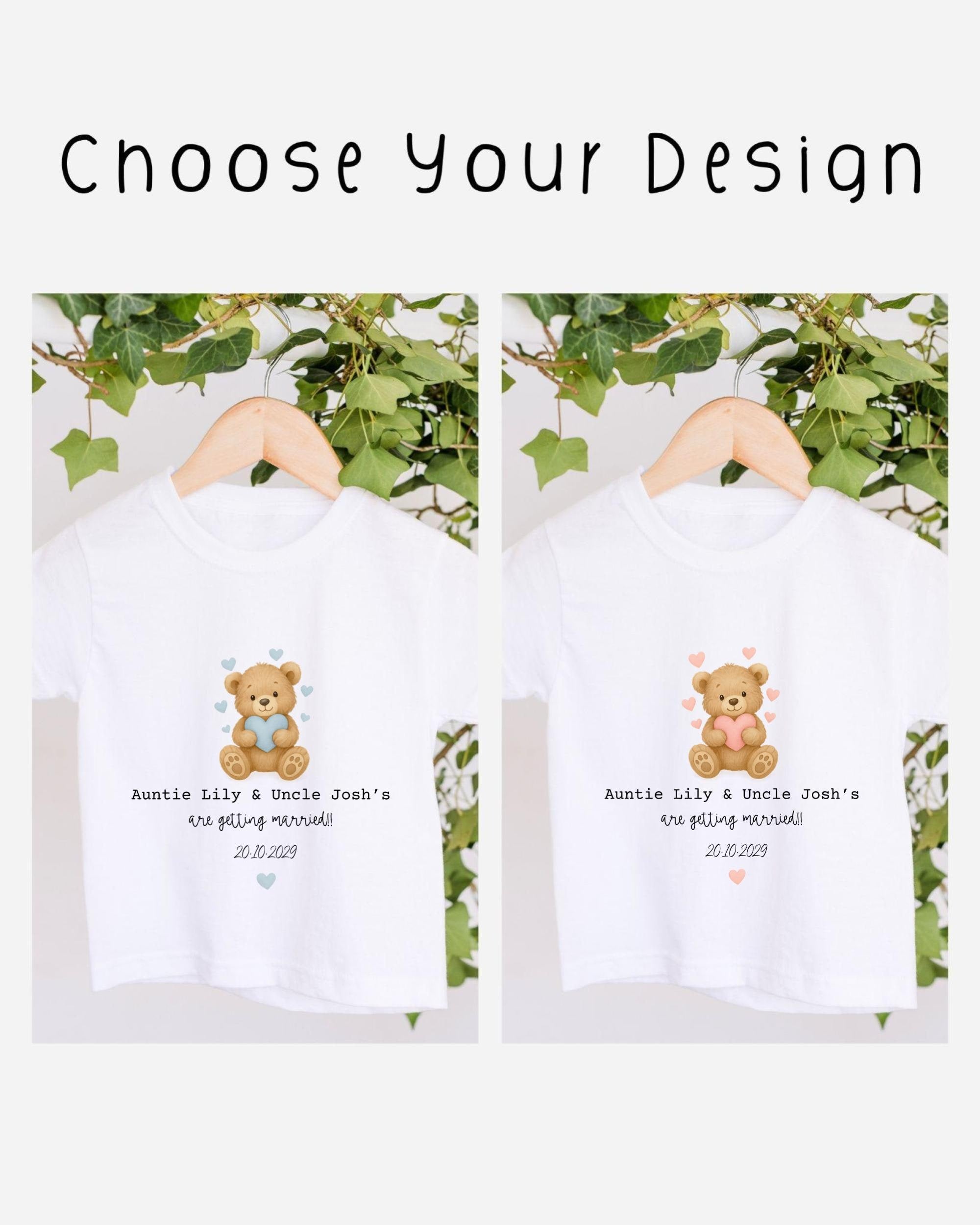 two white t-shirts with a design featuring two teddy bears, one brown and one pink, along with text that reads "Auntie Lilly & Uncle Josh's are getting married! 20.10.2029".