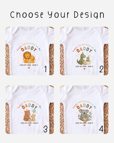 four different t-shirt designs featuring a cartoon image of a baby and the text "Happy 1st Birthday as my Daddy" along with the names "Lots of Love. Josh X" and "Lots of Love. Josh Y" printed on them.