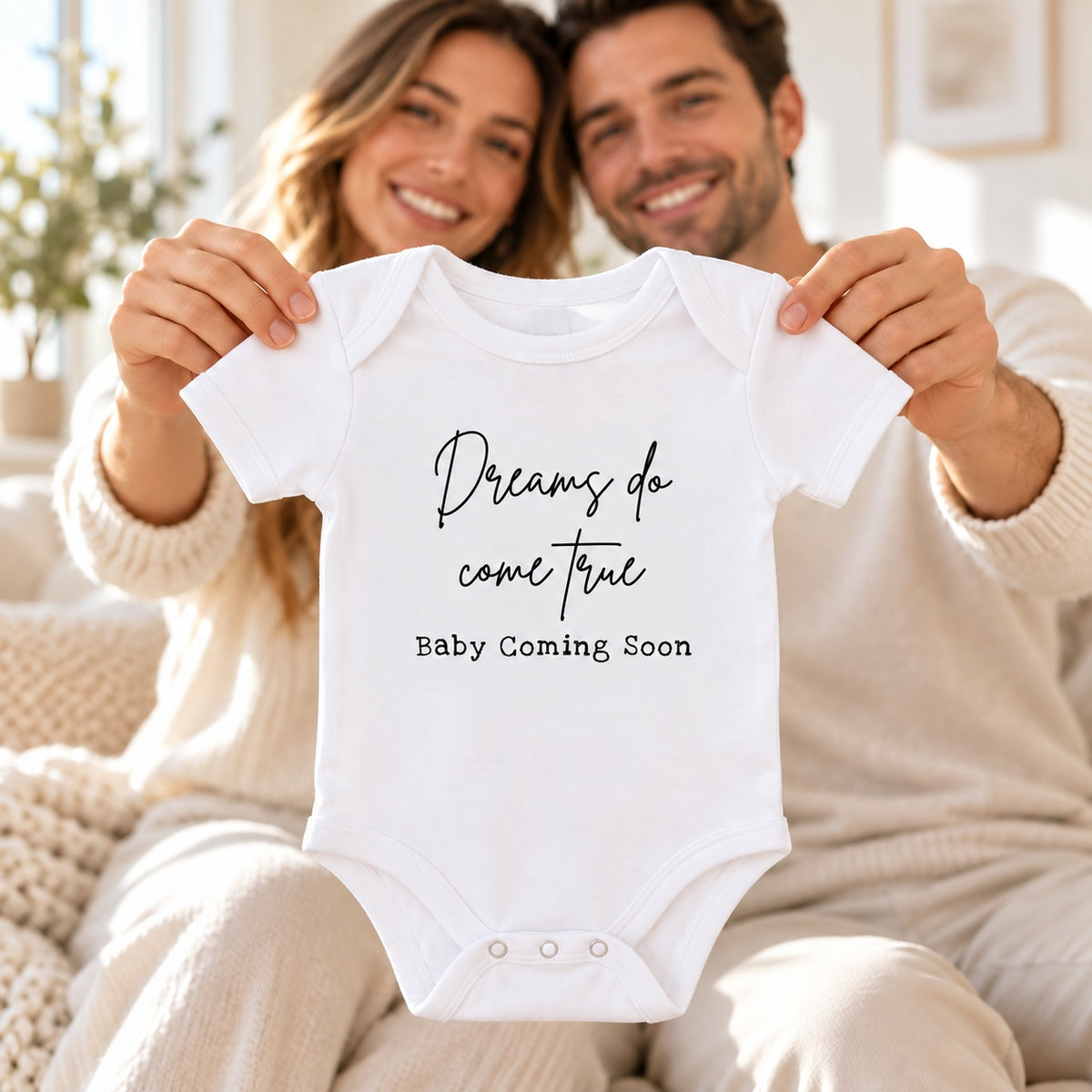 Smiling couple holding a white Baby Vest printed with Dreams do come true and Baby Coming Soon towards the camera in a bright neutral living room.