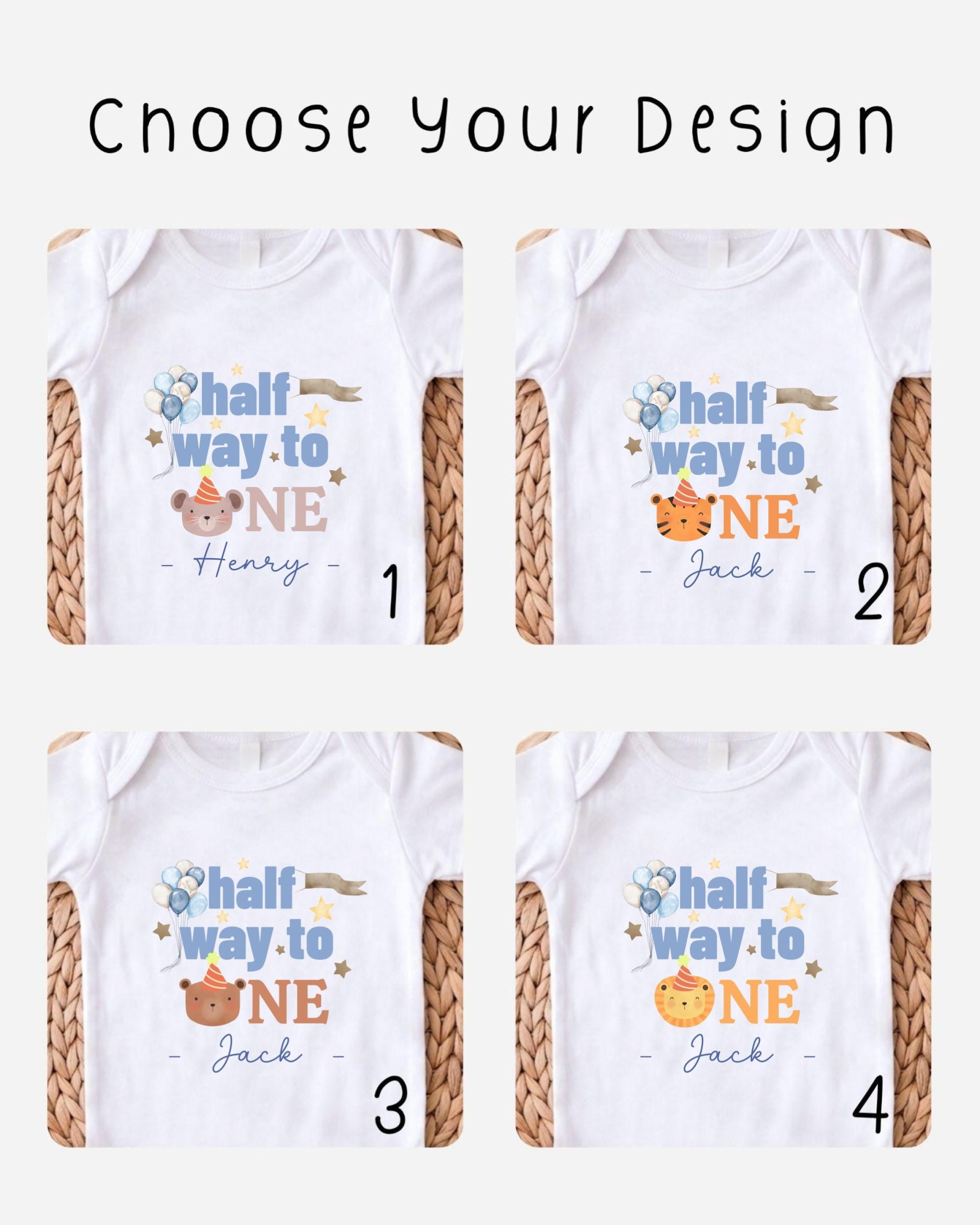 four different white t-shirts with a half-way to one theme, featuring a cartoon character and the names Henry and Jack.