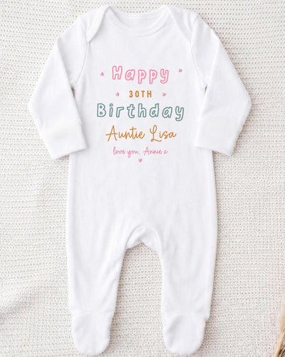 A white onesie with text printed on it, likely for a 30th birthday celebration.